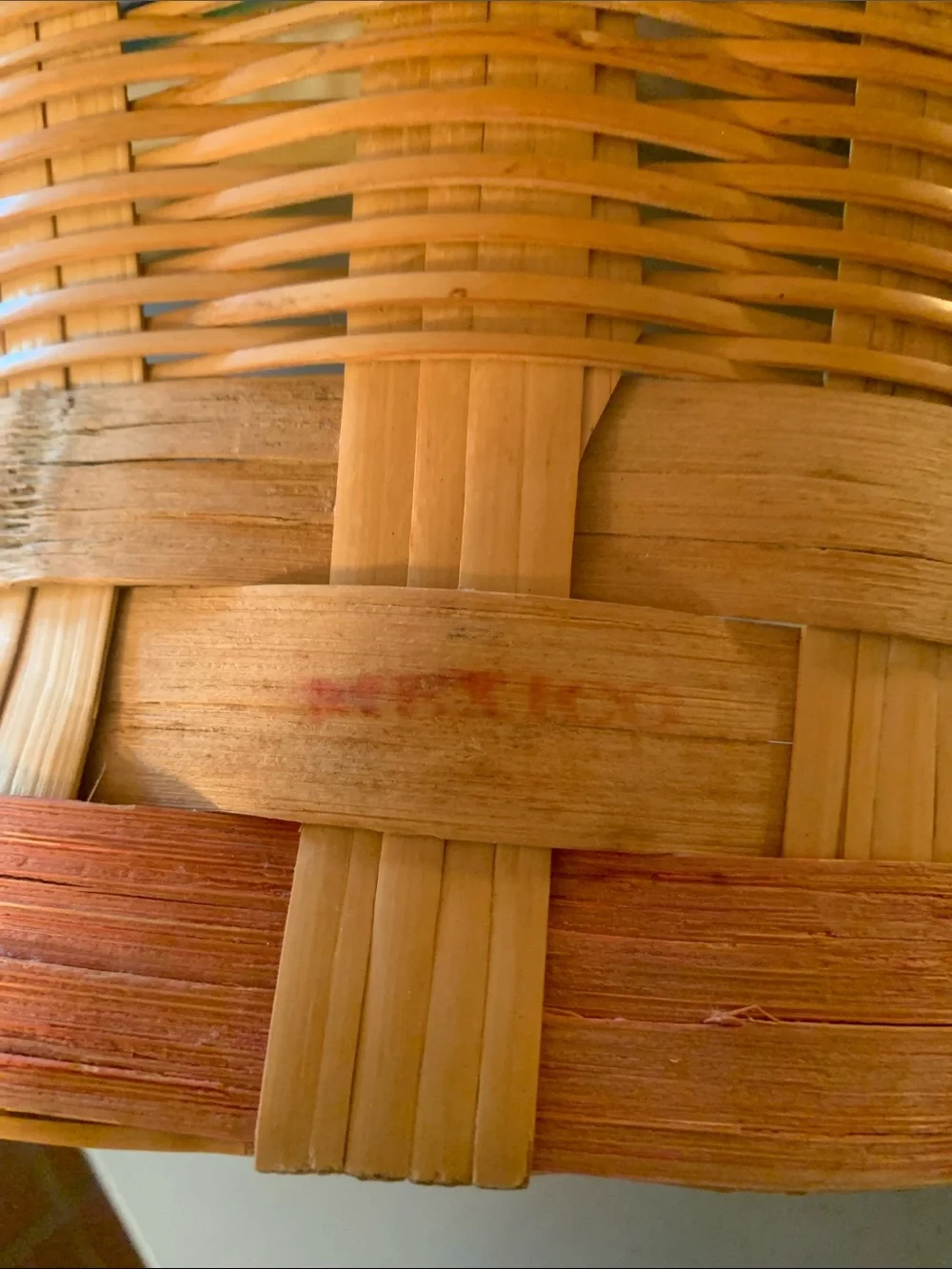 Vintage, OVAL Wicker basket, stamped MADE IN MEXICO, PINK and TAN stripes.